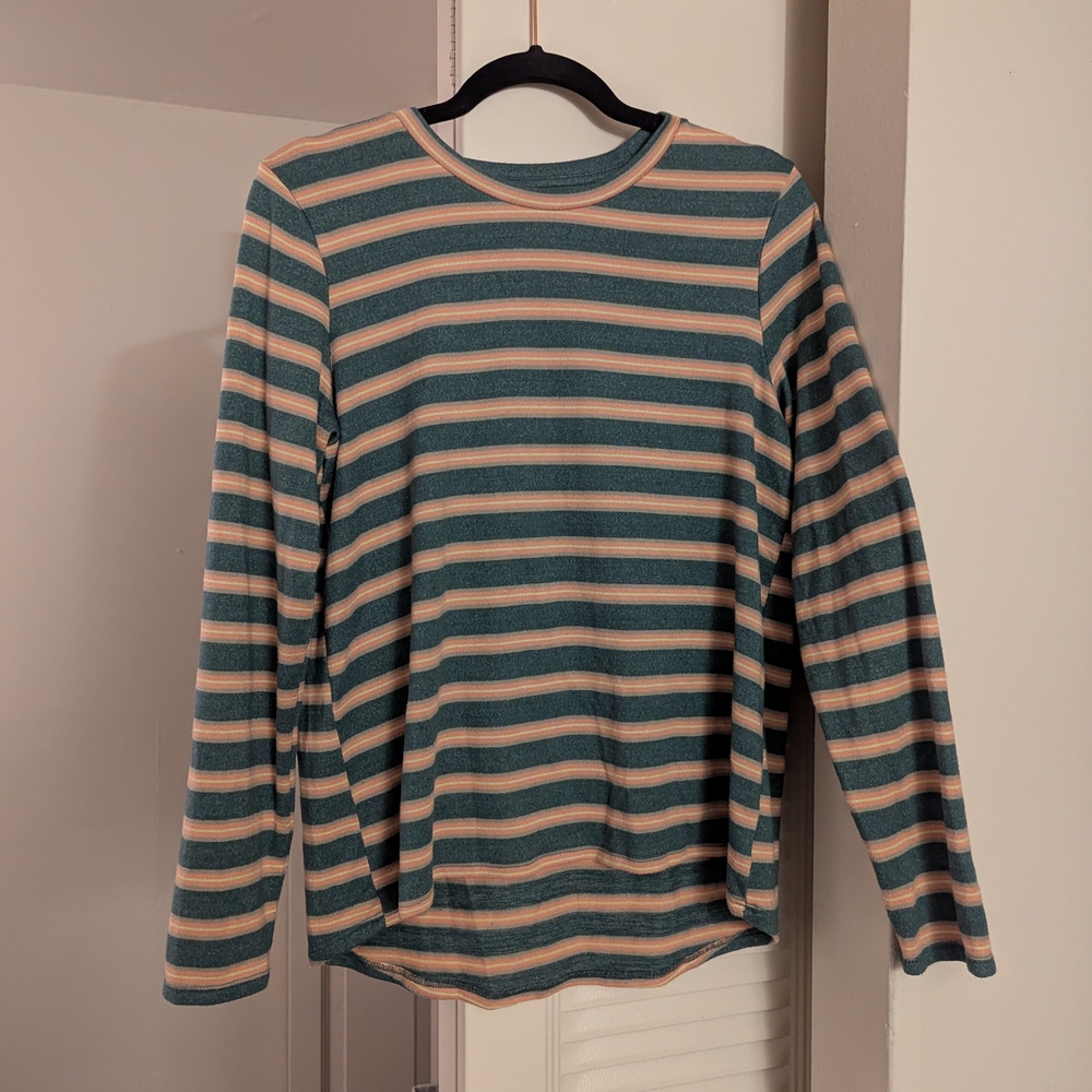 American Eagle Outfitters Green and Cream Striped Long Sleeve Tee